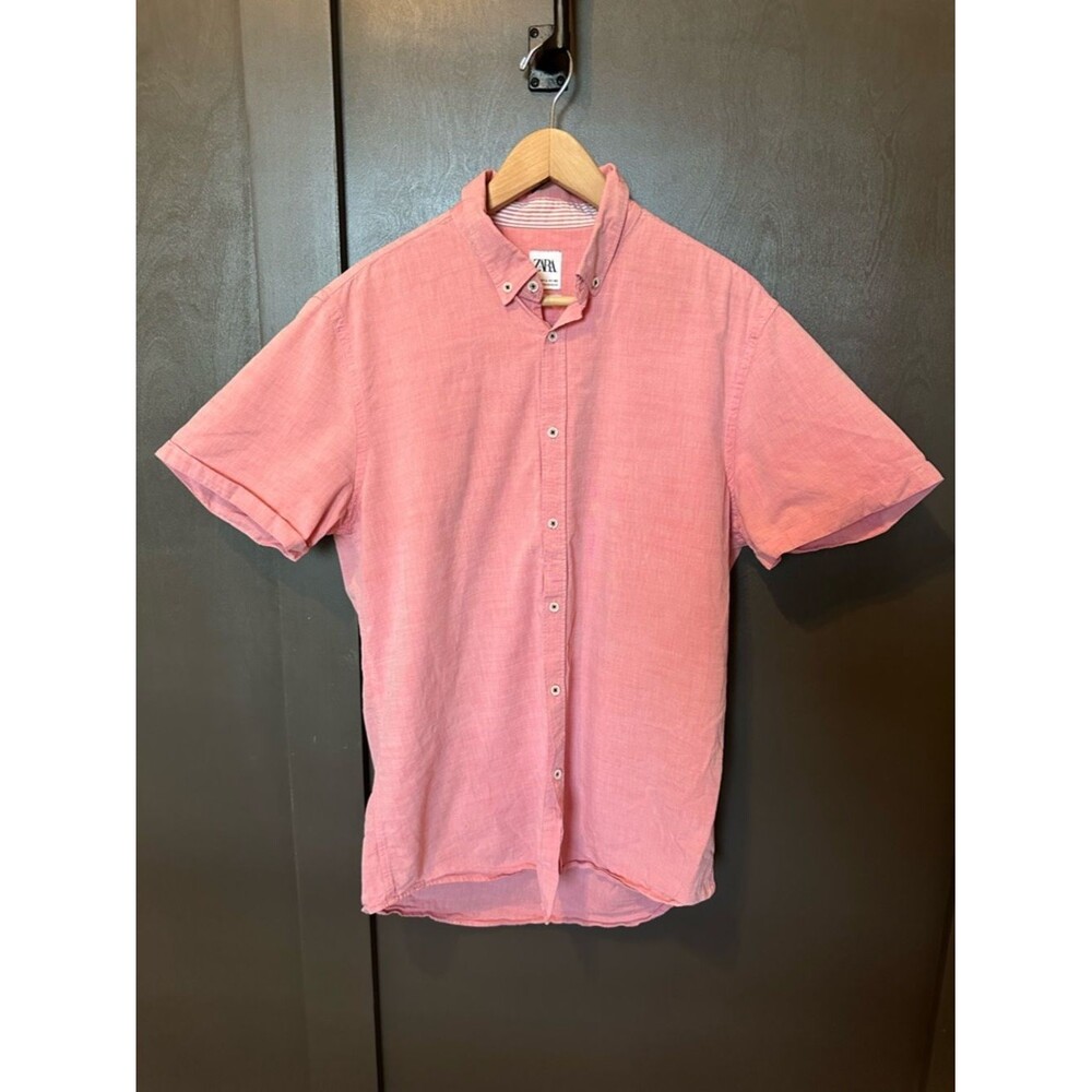 Zara Men’s Large Pink Short-Sleeve Button-Down Linen Shirt